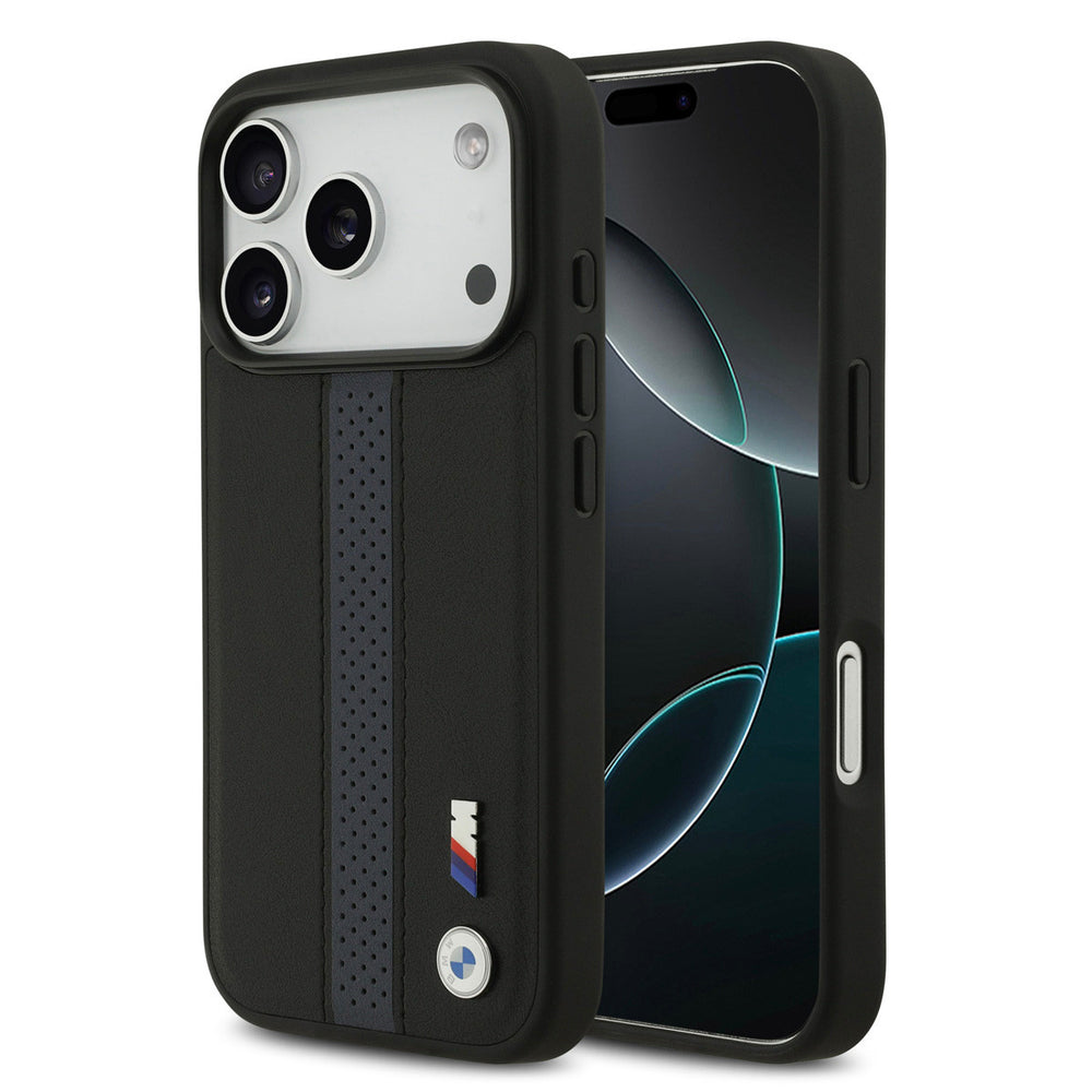 BMW iPhone 17 Pro Backcover hoesje - PU Leather Case With Perforated Blue Stripes & Metal Logos - Zwart-Hoesjes-Ilumina Benelux
