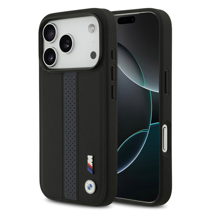 BMW iPhone 17 Pro Backcover hoesje - PU Leather Case With Perforated Blue Stripes & Metal Logos - Zwart-Hoesjes-Ilumina Benelux