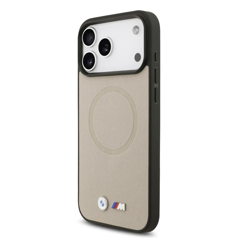 BMW iPhone 17 Pro Max Backcover hoesje - MagSafe - Full Wrapped Leather Case With Metal Logos - Grijs-Hoesjes-Ilumina Benelux