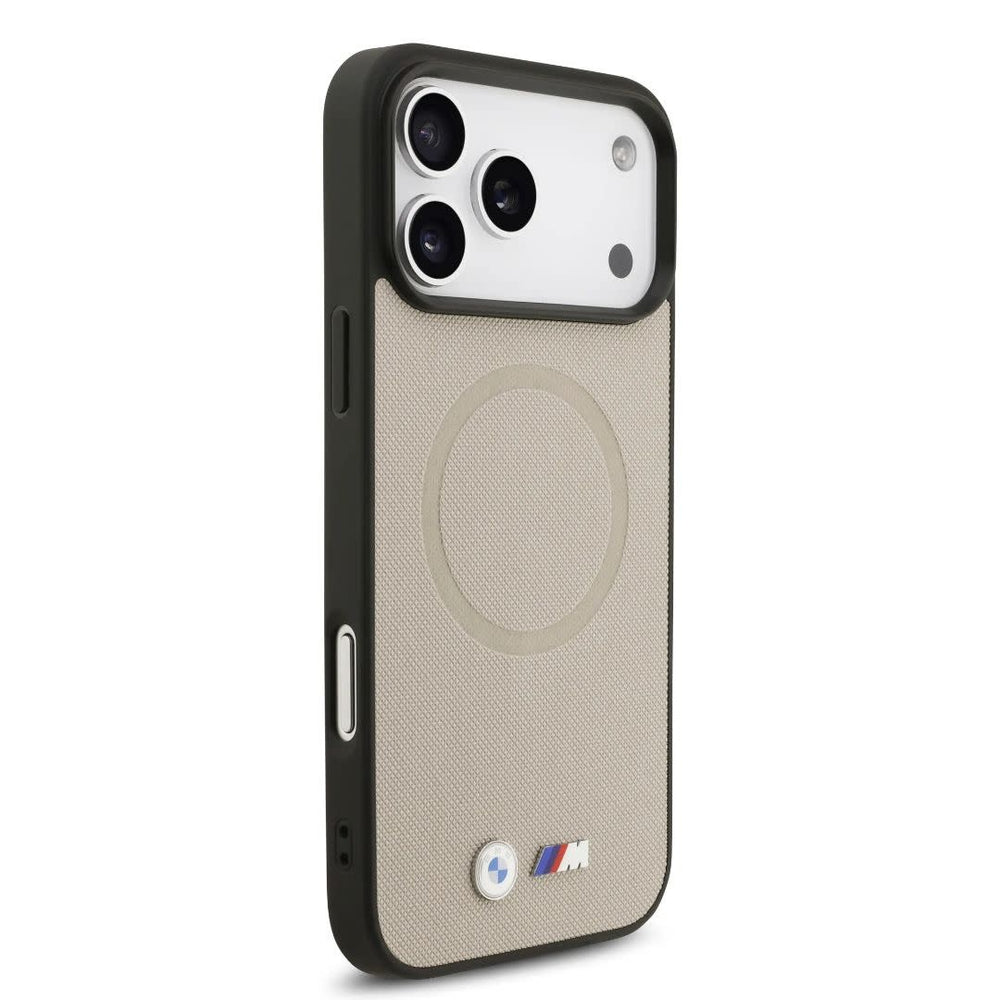 BMW iPhone 17 Pro Max Backcover hoesje - MagSafe - Full Wrapped Leather Case With Metal Logos - Grijs-Hoesjes-Ilumina Benelux