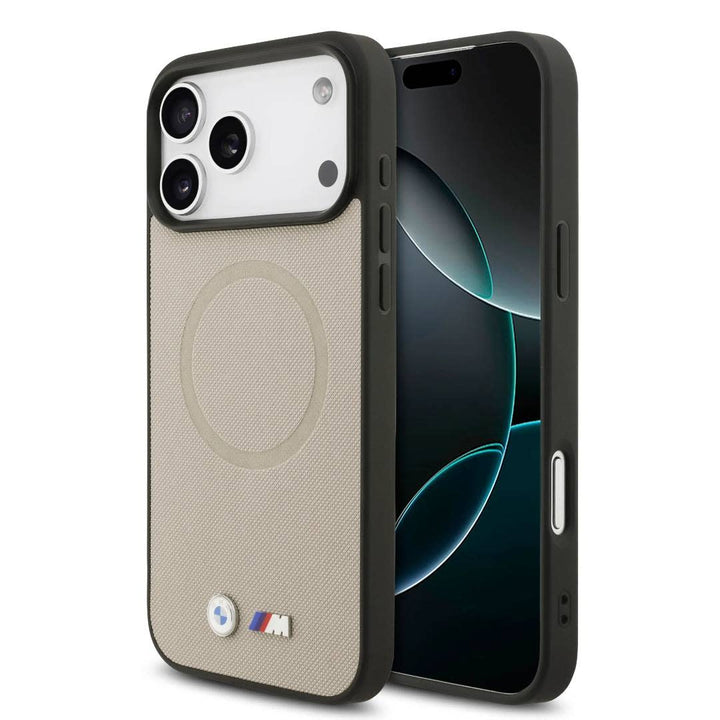BMW iPhone 17 Pro Max Backcover hoesje - MagSafe - Full Wrapped Leather Case With Metal Logos - Grijs-Hoesjes-Ilumina Benelux