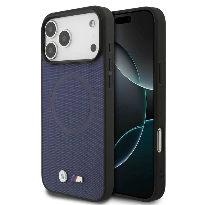 BMW iPhone 17 Pro Max Backcover hoesje - MagSafe - Full Wrapped Leather Case With Metal Logos - Navy-Hoesjes-Ilumina Benelux
