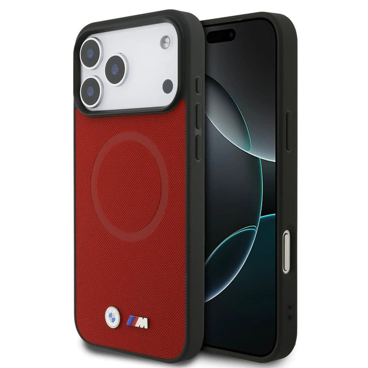 BMW iPhone 17 Pro Max Backcover hoesje - MagSafe - Full Wrapped Leather Case With Metal Logos - Rood-Hoesjes-Ilumina Benelux