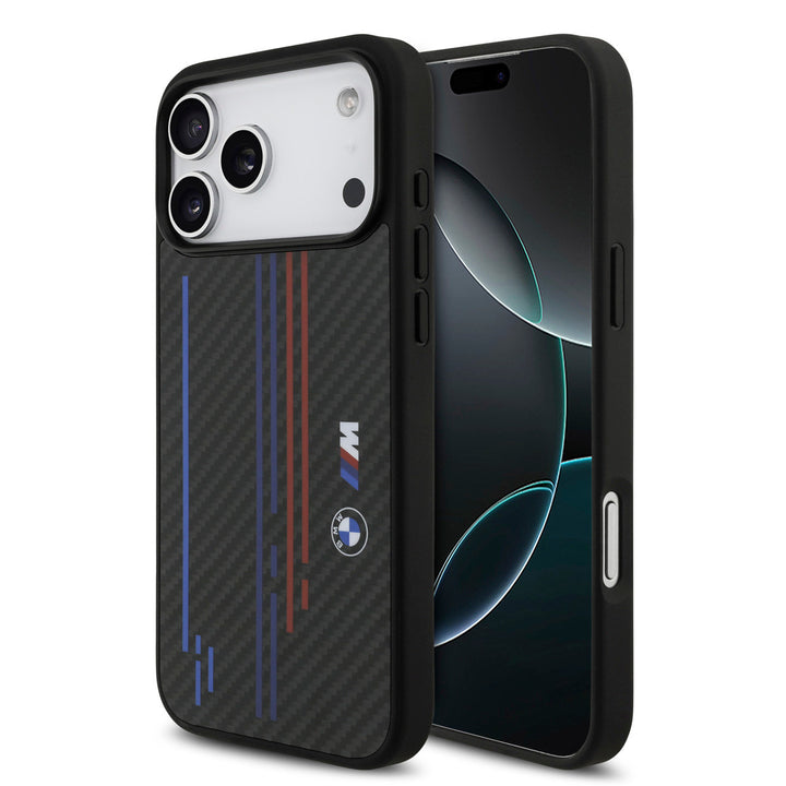 BMW iPhone 17 Pro Max Backcover hoesje - MagSafe Kevlar Case With Printed Tricolor & Metal Logos - Zwart-Hoesjes-Ilumina Benelux