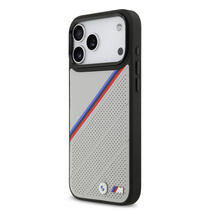 BMW iPhone 17 Pro Max Backcover hoesje - MagSafe - PU Leather Case With Tricolor Slanted Stripes & Metal Logos - Grijs-Hoesjes-Ilumina Benelux