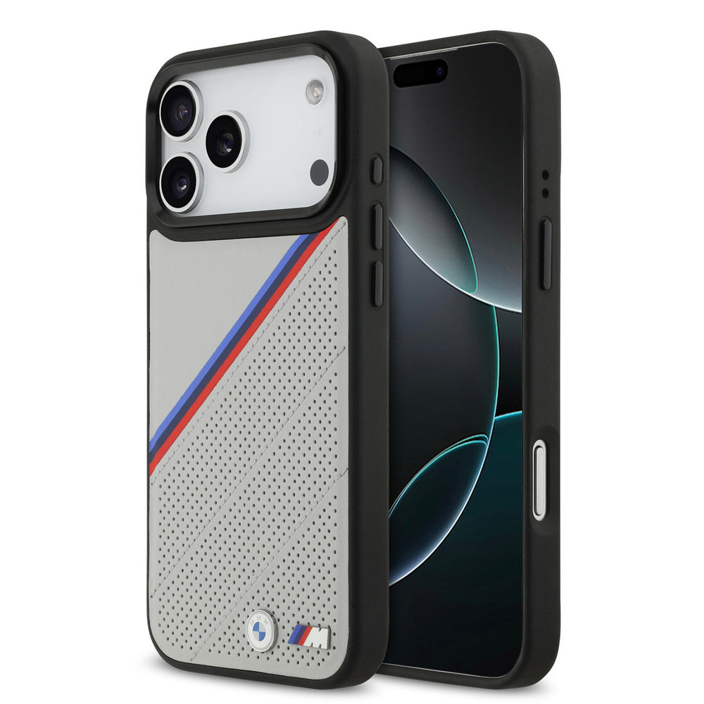 BMW iPhone 17 Pro Max Backcover hoesje - MagSafe - PU Leather Case With Tricolor Slanted Stripes & Metal Logos - Grijs-Hoesjes-Ilumina Benelux