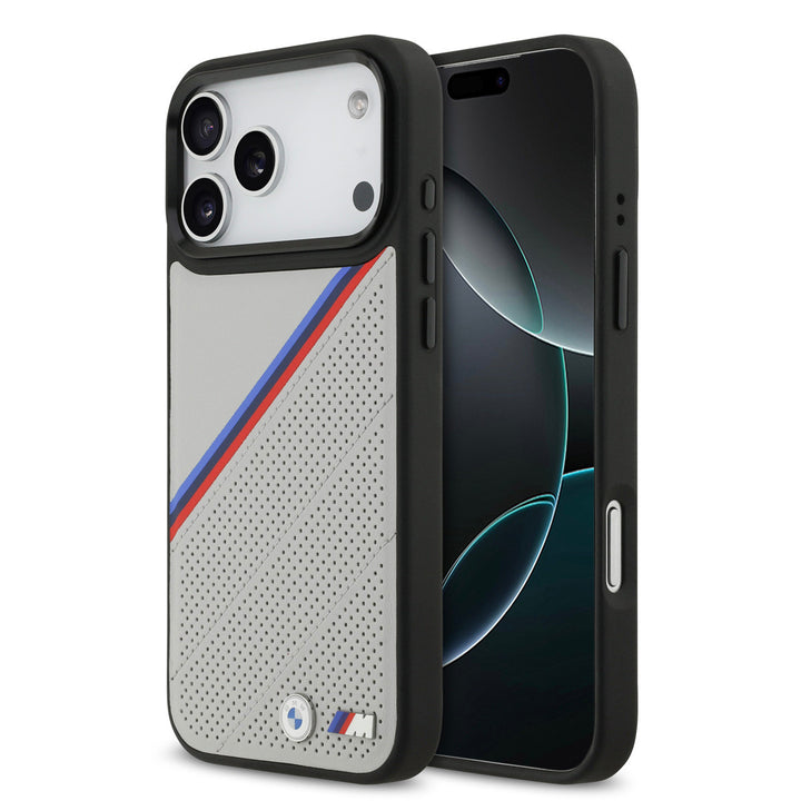 BMW iPhone 17 Pro Max Backcover hoesje - MagSafe - PU Leather Case With Tricolor Slanted Stripes & Metal Logos - Grijs-Hoesjes-Ilumina Benelux