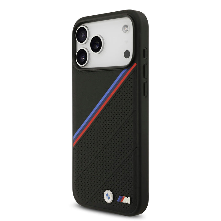 BMW iPhone 17 Pro Max Backcover hoesje - MagSafe - PU Leather Case With Tricolor Slanted Stripes & Metal Logos - Zwart-Hoesjes-Ilumina Benelux