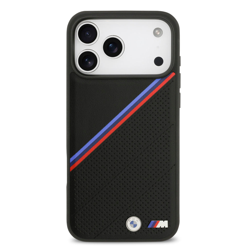 BMW iPhone 17 Pro Max Backcover hoesje - MagSafe - PU Leather Case With Tricolor Slanted Stripes & Metal Logos - Zwart-Hoesjes-Ilumina Benelux