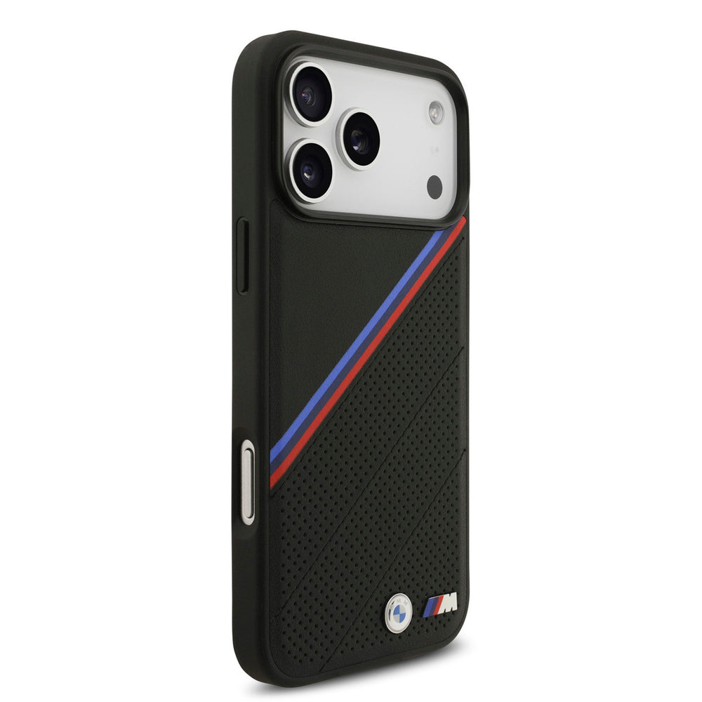 BMW iPhone 17 Pro Max Backcover hoesje - MagSafe - PU Leather Case With Tricolor Slanted Stripes & Metal Logos - Zwart-Hoesjes-Ilumina Benelux