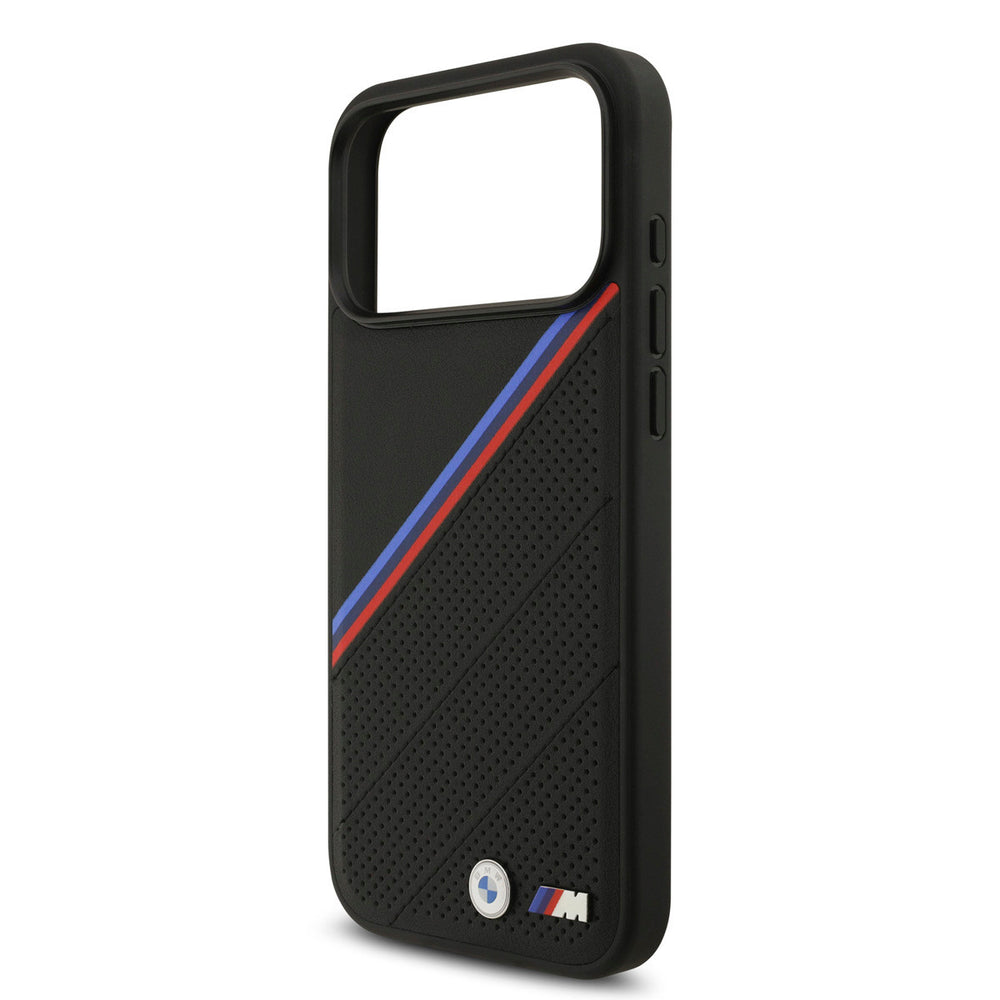 BMW iPhone 17 Pro Max Backcover hoesje - MagSafe - PU Leather Case With Tricolor Slanted Stripes & Metal Logos - Zwart-Hoesjes-Ilumina Benelux