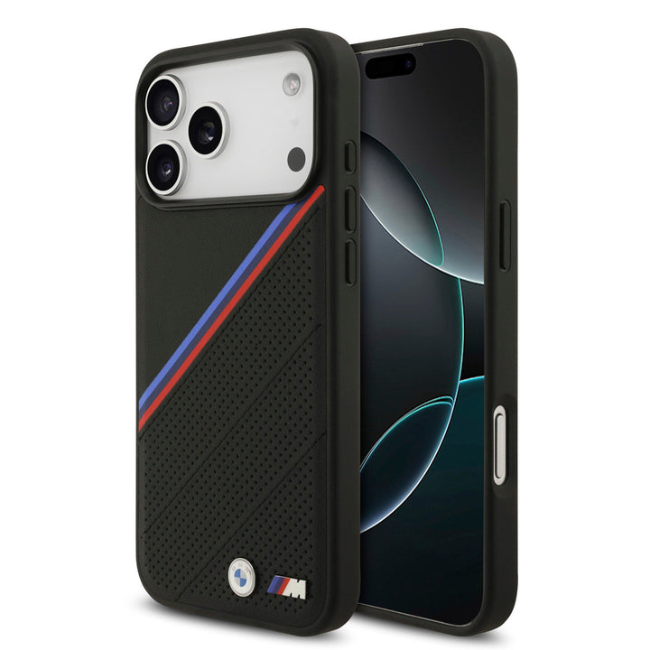 BMW iPhone 17 Pro Max Backcover hoesje - MagSafe - PU Leather Case With Tricolor Slanted Stripes & Metal Logos - Zwart-Hoesjes-Ilumina Benelux
