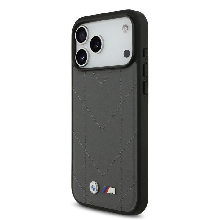 BMW iPhone 17 Pro Max Backcover hoesje - MagSafe - Quilted Leather Case With Metal Logo - Grijs-Hoesjes-Ilumina Benelux