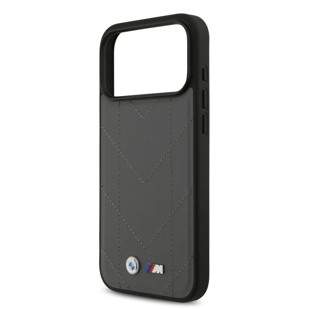 BMW iPhone 17 Pro Max Backcover hoesje - MagSafe - Quilted Leather Case With Metal Logo - Grijs-Hoesjes-Ilumina Benelux