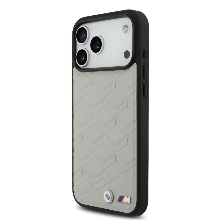 BMW iPhone 17 Pro Max Backcover hoesje - MagSafe - Seat Shaped Leather Case With Metal Logos - Grijs-Hoesjes-Ilumina Benelux