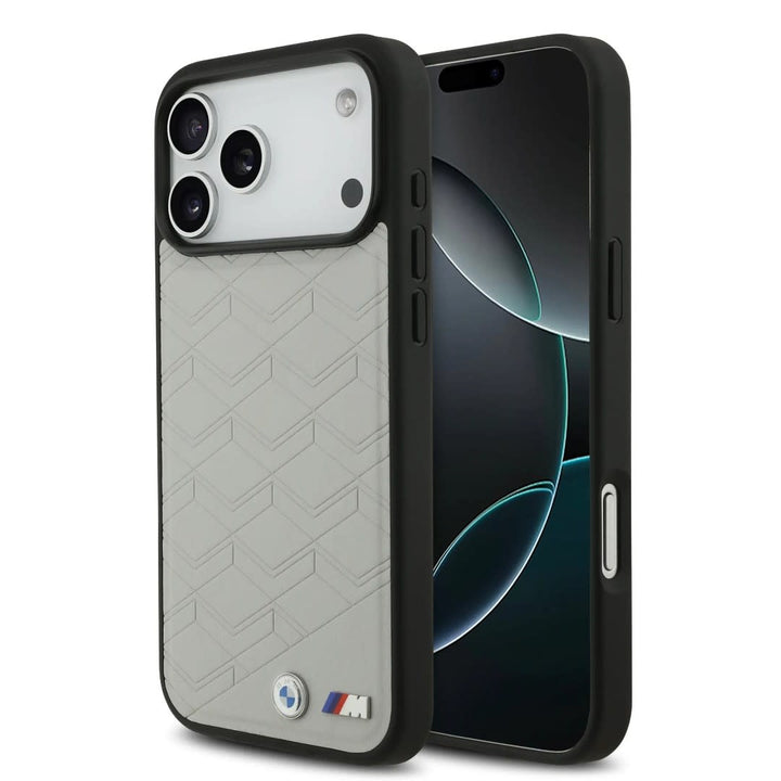 BMW iPhone 17 Pro Max Backcover hoesje - MagSafe - Seat Shaped Leather Case With Metal Logos - Grijs-Hoesjes-Ilumina Benelux