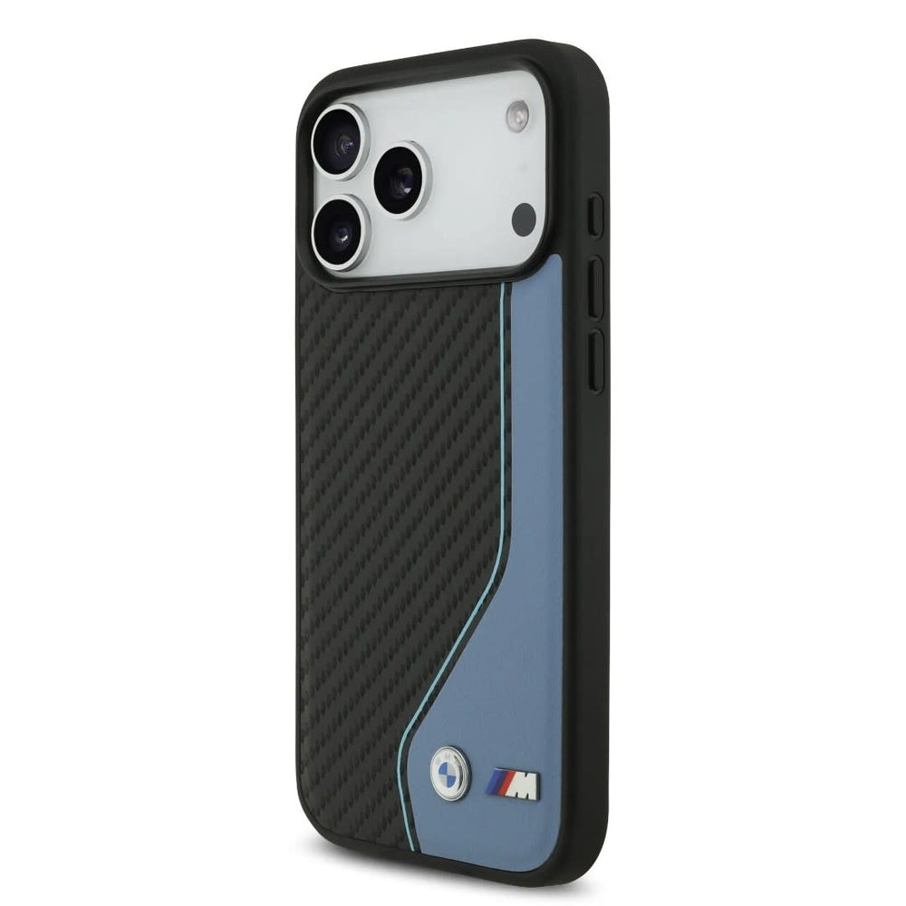BMW iPhone 17 Pro Max Backcover hoesje - PU Leather & Carbon Case With Blue Line Stitch - Zwart-Hoesjes-Ilumina Benelux