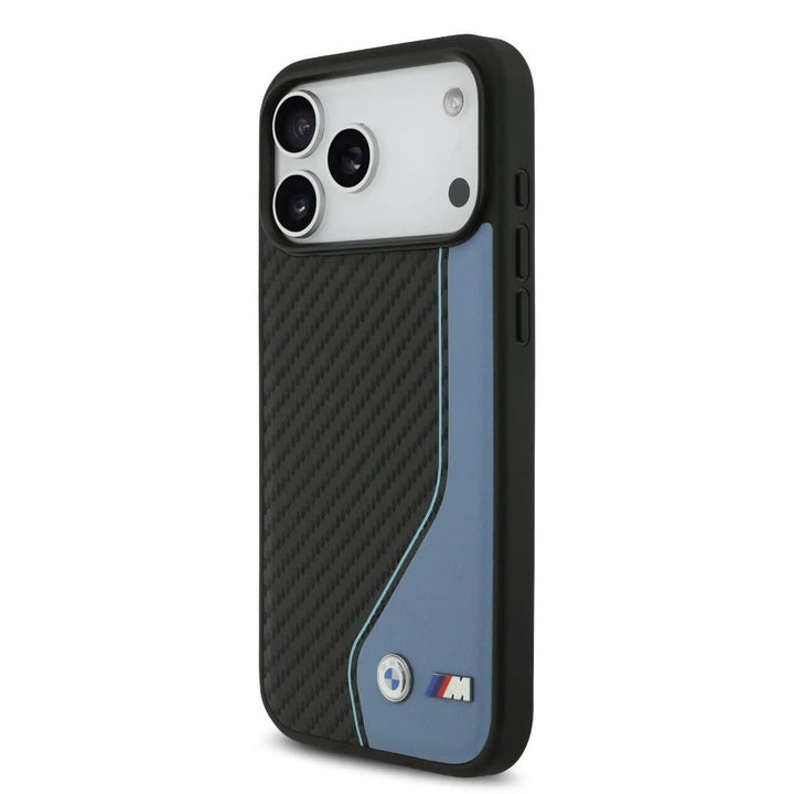 BMW iPhone 17 Pro Max Backcover hoesje - PU Leather & Carbon Case With Blue Line Stitch - Zwart-Hoesjes-Ilumina Benelux