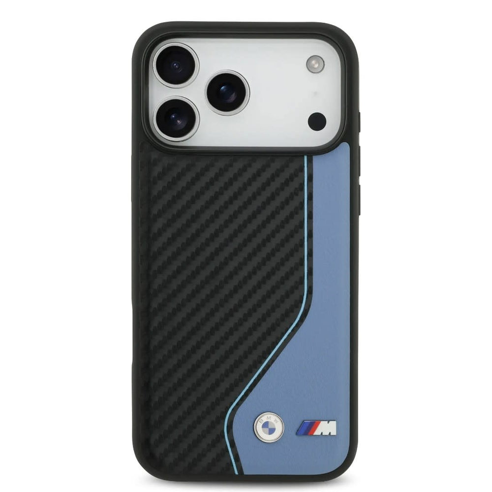 BMW iPhone 17 Pro Max Backcover hoesje - PU Leather & Carbon Case With Blue Line Stitch - Zwart-Hoesjes-Ilumina Benelux