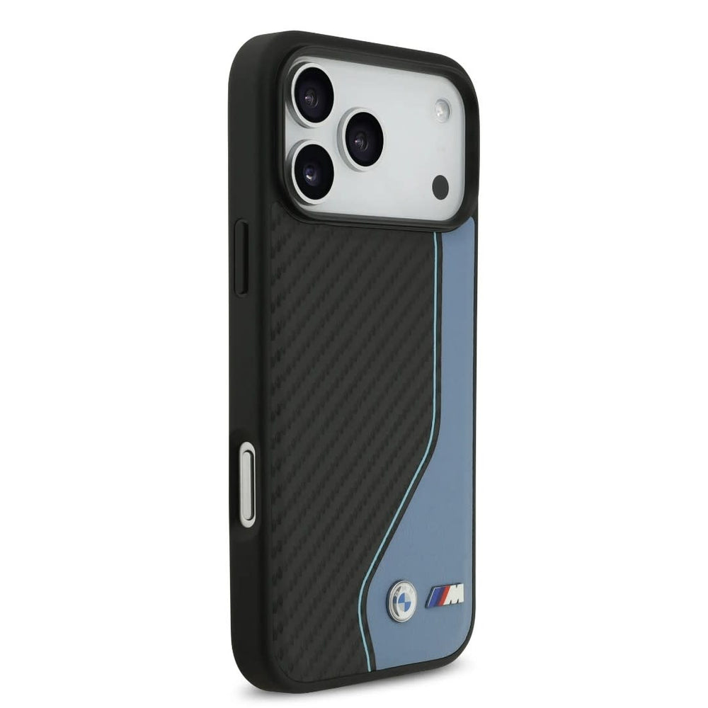 BMW iPhone 17 Pro Max Backcover hoesje - PU Leather & Carbon Case With Blue Line Stitch - Zwart-Hoesjes-Ilumina Benelux