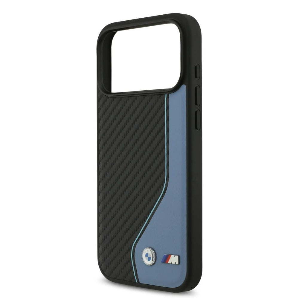 BMW iPhone 17 Pro Max Backcover hoesje - PU Leather & Carbon Case With Blue Line Stitch - Zwart-Hoesjes-Ilumina Benelux