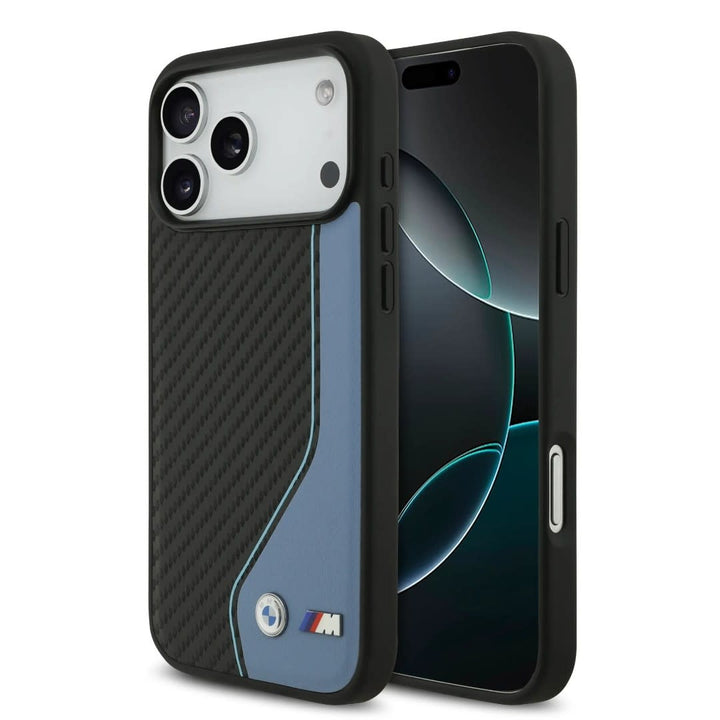 BMW iPhone 17 Pro Max Backcover hoesje - PU Leather & Carbon Case With Blue Line Stitch - Zwart-Hoesjes-Ilumina Benelux