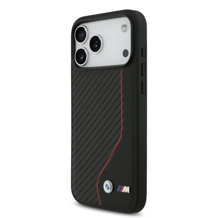 BMW iPhone 17 Pro Max Backcover hoesje - PU Leather & Carbon Case With Red Line Stitch - Zwart-Hoesjes-Ilumina Benelux