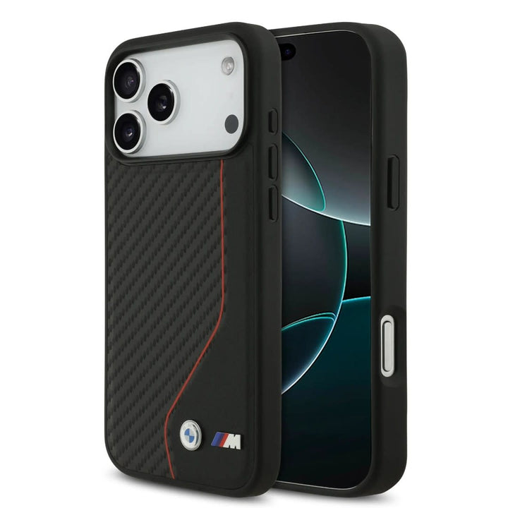 BMW iPhone 17 Pro Max Backcover hoesje - PU Leather & Carbon Case With Red Line Stitch - Zwart-Hoesjes-Ilumina Benelux