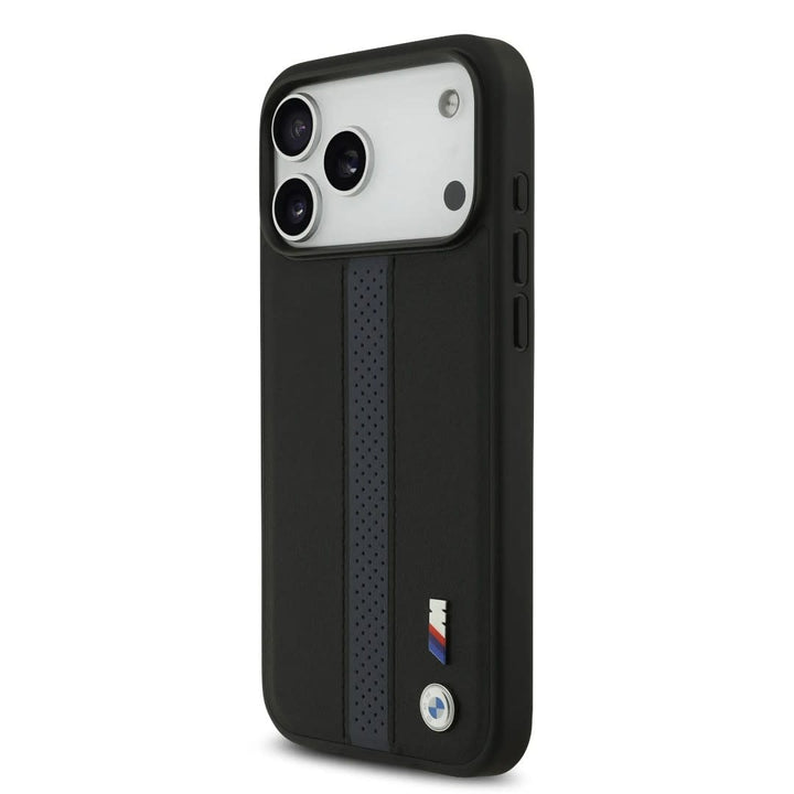 BMW iPhone 17 Pro Max Backcover hoesje - PU Leather Case With Perforated Blue Stripes & Metal Logos - Zwart-Hoesjes-Ilumina Benelux