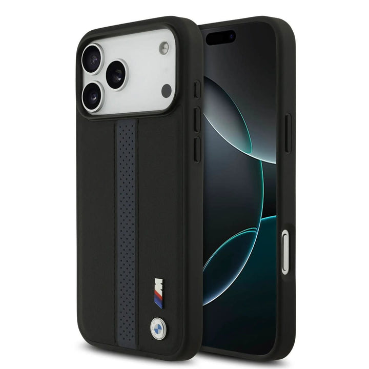 BMW iPhone 17 Pro Max Backcover hoesje - PU Leather Case With Perforated Blue Stripes & Metal Logos - Zwart-Hoesjes-Ilumina Benelux