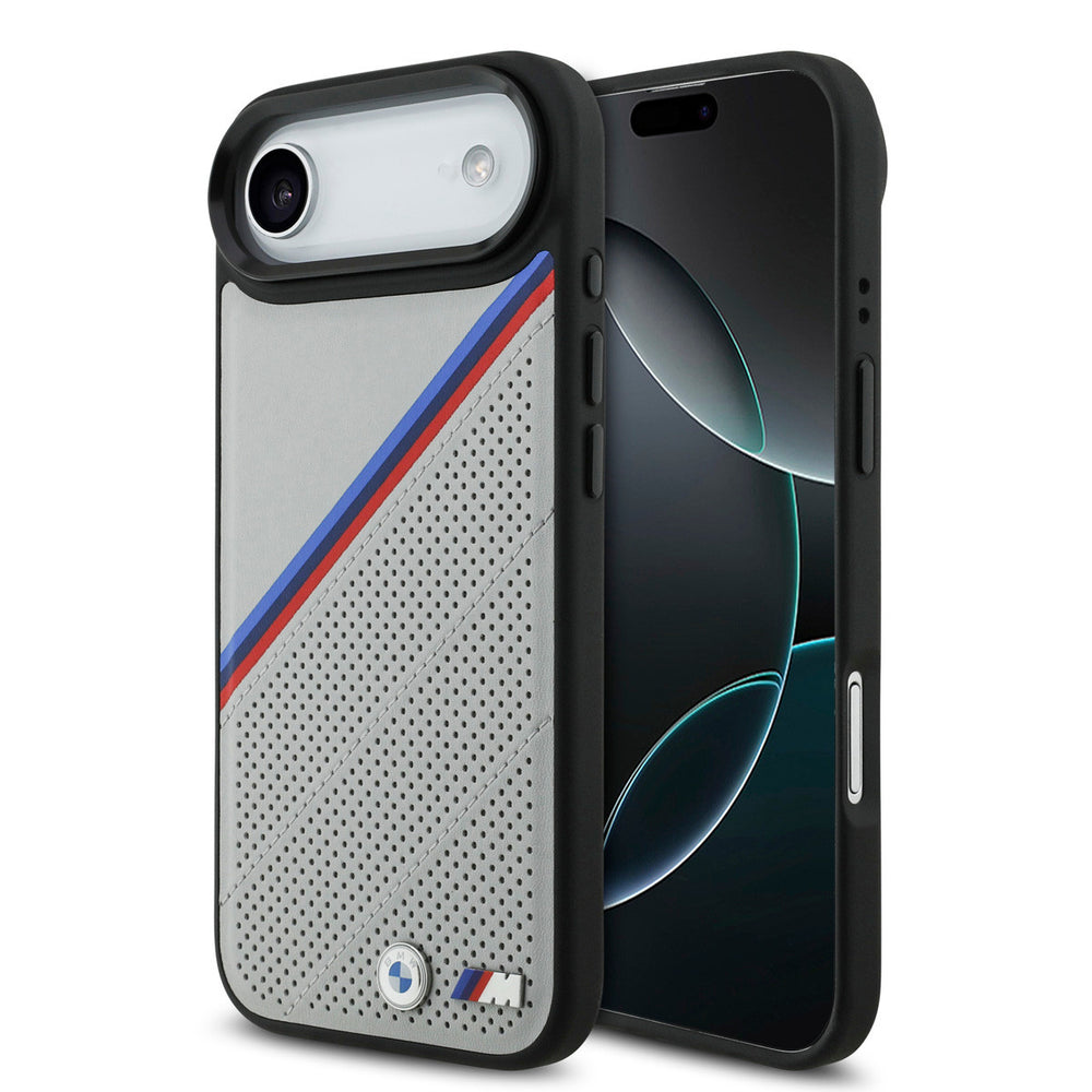 BMW iPhone Air Backcover hoesje - MagSafe - PU Leather Case With Tricolor Slanted Stripes & Metal Logos - Grijs-Hoesjes-Ilumina Benelux