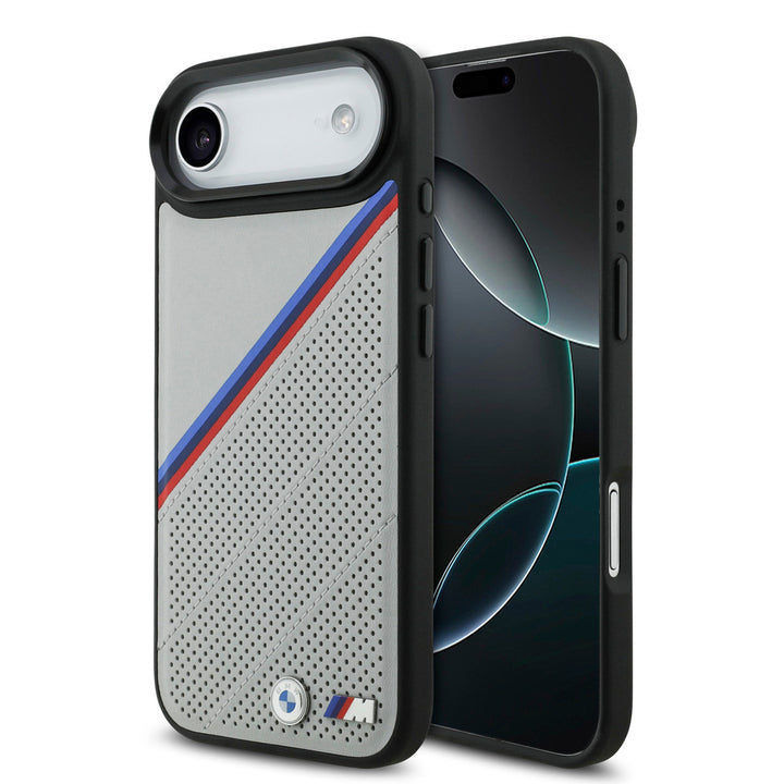 BMW iPhone Air Backcover hoesje - MagSafe - PU Leather Case With Tricolor Slanted Stripes & Metal Logos - Grijs-Hoesjes-Ilumina Benelux