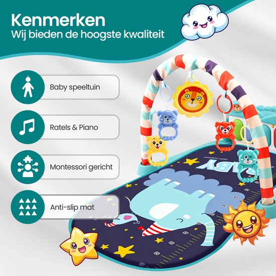Baby gym met piano – Velox Goods VL-504 speelkleed – Muziek & licht – Verwijderbare speeltjes – Vanaf 3 maanden – Blauw-Babygym-Ilumina Benelux