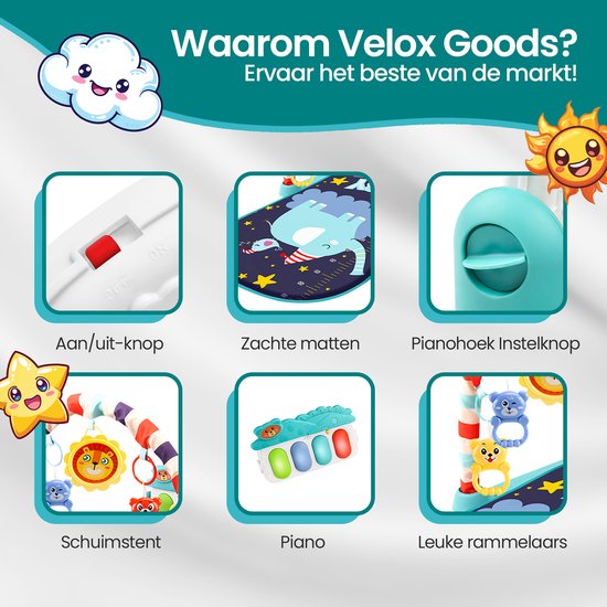 Baby gym met piano – Velox Goods VL-504 speelkleed – Muziek & licht – Verwijderbare speeltjes – Vanaf 3 maanden – Blauw-Babygym-Ilumina Benelux