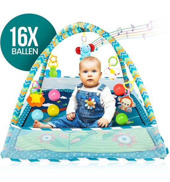 Baby gym speelmat – Velox Goods VL-506 – Interactief & educatief – Veilig met hangspeeltjes en zijwanden – Blauw-Babygym-Ilumina Benelux