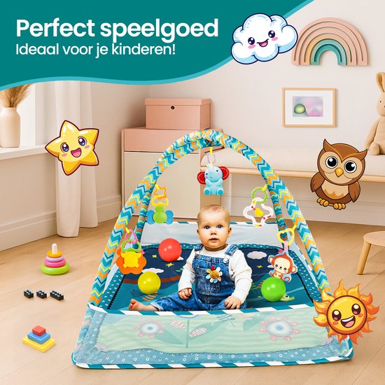 Baby gym speelmat – Velox Goods VL-506 – Interactief & educatief – Veilig met hangspeeltjes en zijwanden – Blauw-Babygym-Ilumina Benelux
