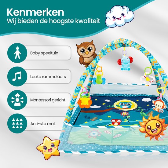 Baby gym speelmat – Velox Goods VL-506 – Interactief & educatief – Veilig met hangspeeltjes en zijwanden – Blauw-Babygym-Ilumina Benelux
