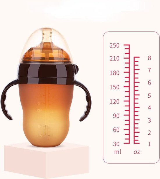 Babyfles met handvaten – Siliconen zuigfles 240ml – Lekvrij & antislip – BPA-vrij drinkbeker voor baby’s – Bruin-Ilumina Benelux