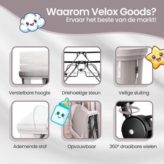 Babywieg – Velox Goods VL-513 – Verstelbare hoogte – Schommelfunctie – Opvouwbaar & ademend gaas – Grijs-Ledikant-Ilumina Benelux