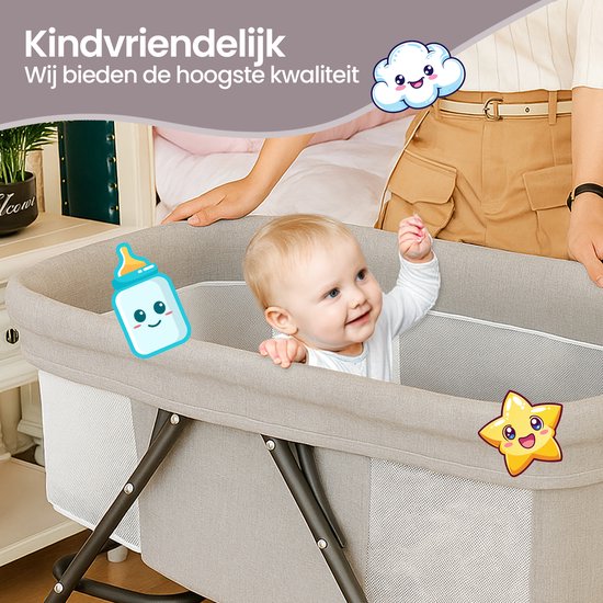 Babywieg – Velox Goods VL-513 – Verstelbare hoogte – Schommelfunctie – Opvouwbaar & ademend gaas – Grijs-Ledikant-Ilumina Benelux