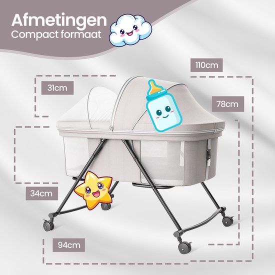 Babywieg – Velox Goods VL-513 – Verstelbare hoogte – Schommelfunctie – Opvouwbaar & ademend gaas – Grijs-Ledikant-Ilumina Benelux