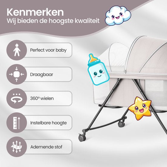 Babywieg – Velox Goods VL-513 – Verstelbare hoogte – Schommelfunctie – Opvouwbaar & ademend gaas – Grijs-Ledikant-Ilumina Benelux