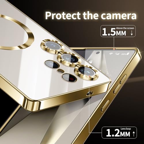 Detail van goudkleurige telefoonhoes met verhoogde camerarand