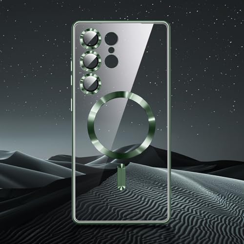 Transparante telefoonhoes met groene rand en magnetische ring op donkere achtergrond