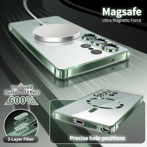 Collage van groene transparante telefoonhoes met magnetische oplader