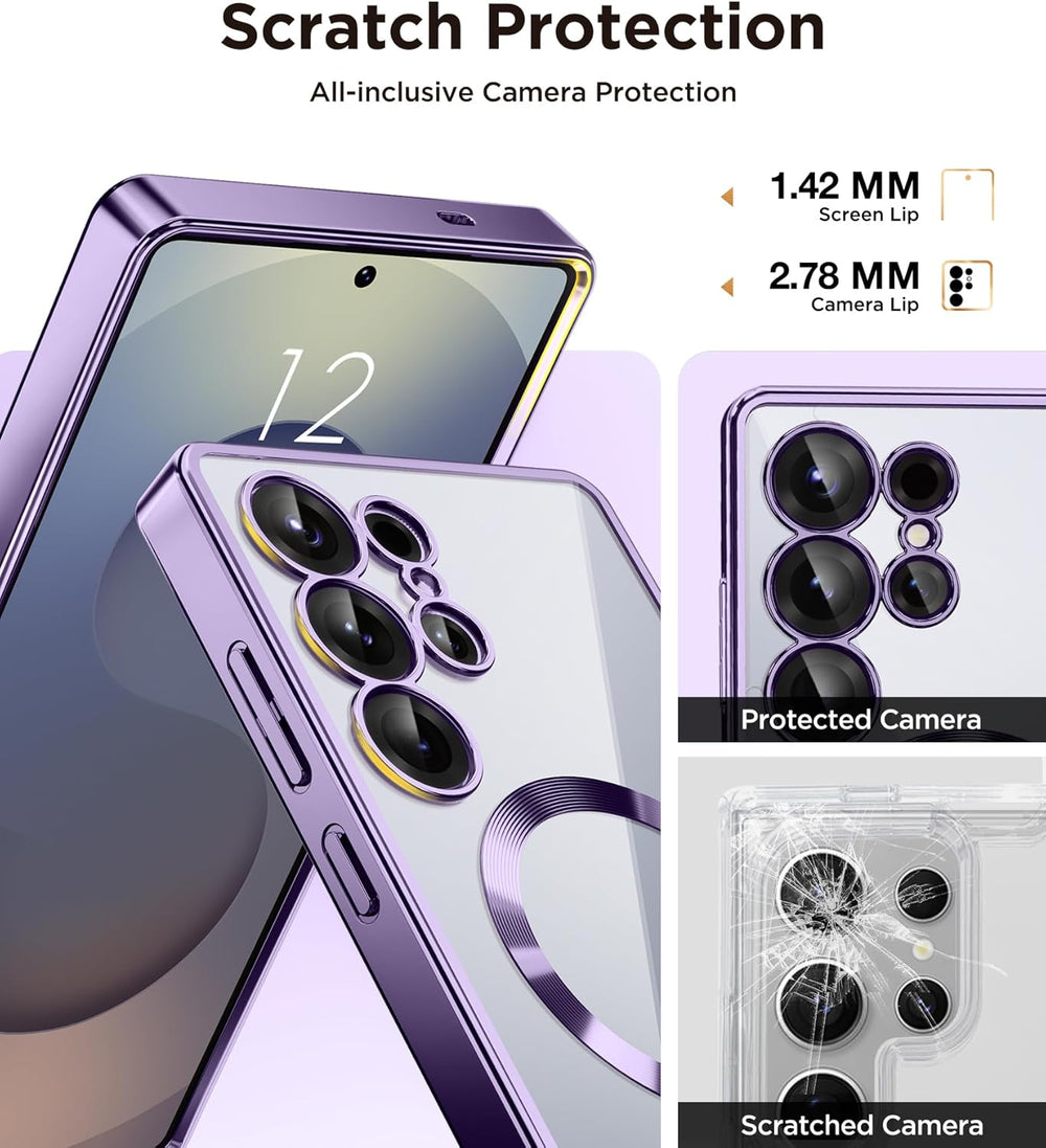 Infographic van paarse hoes met camera- en schermbescherming