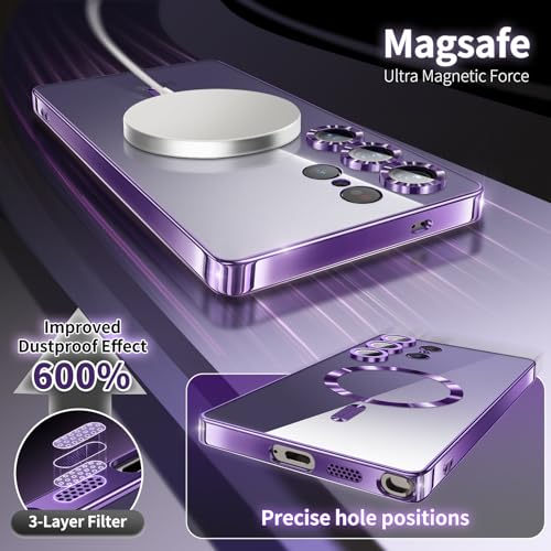 Collage van paarse transparante telefoonhoes met magnetische oplader
