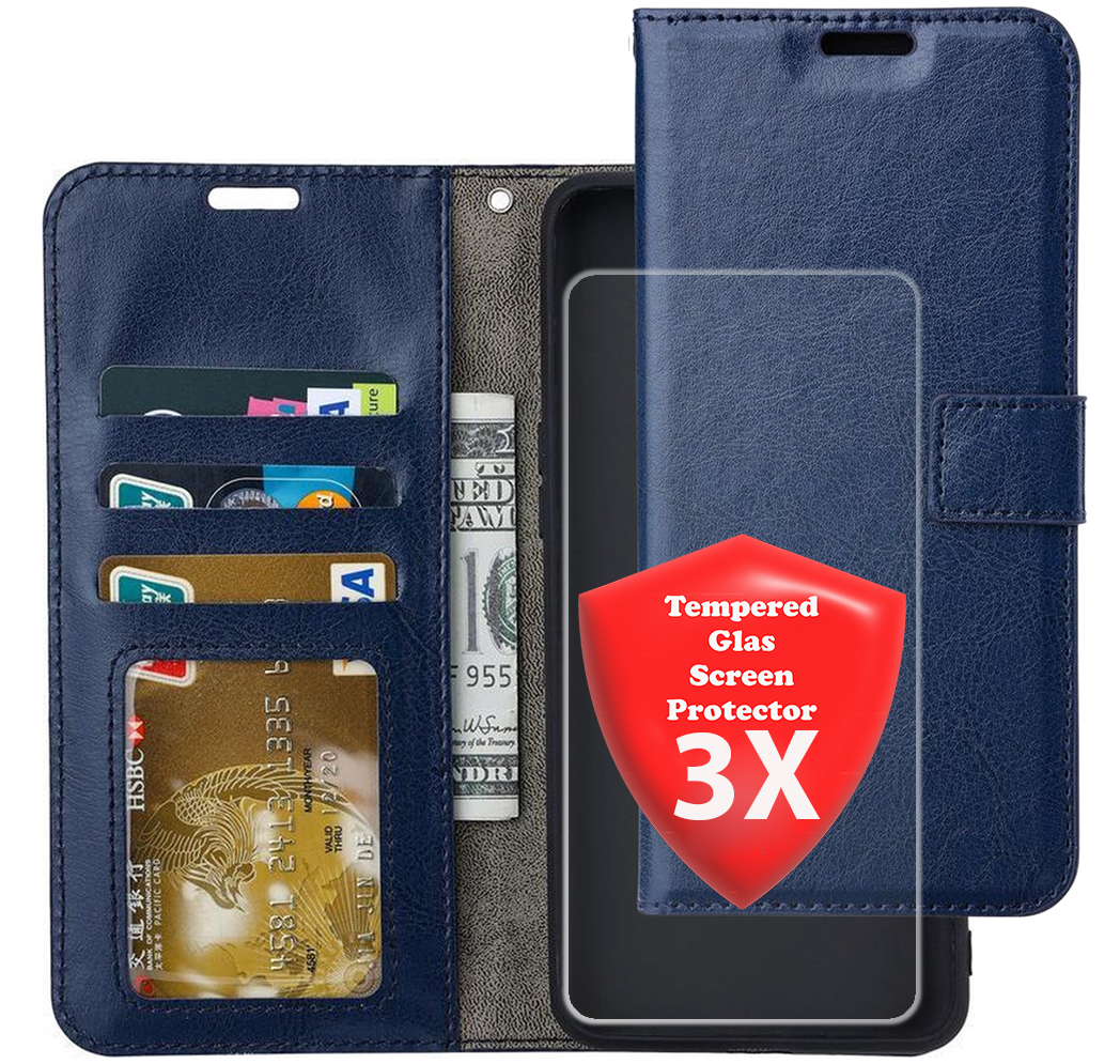 Bookcase Geschikt voor: Samsung Galaxy A17 5G & Samsung Galaxy A26 Blauw - Portemonnee hoesje met 3x Glas Screen protector - Book Cover