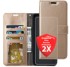 Bookcase Goud Geschikt voor Samsung Galaxy A14 (4G & 5G) - Portemonnee hoesje met 2x Glas Screen protector