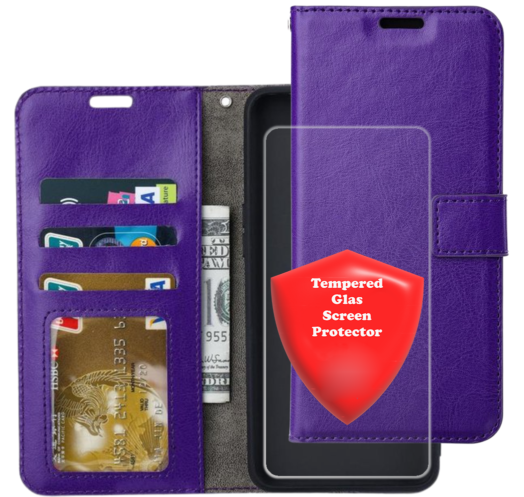 Bookcase Paars Geschikt voor Samsung Galaxy A14 (4G & 5G) - Portemonnee hoesje met 1x Glas Screenprotector